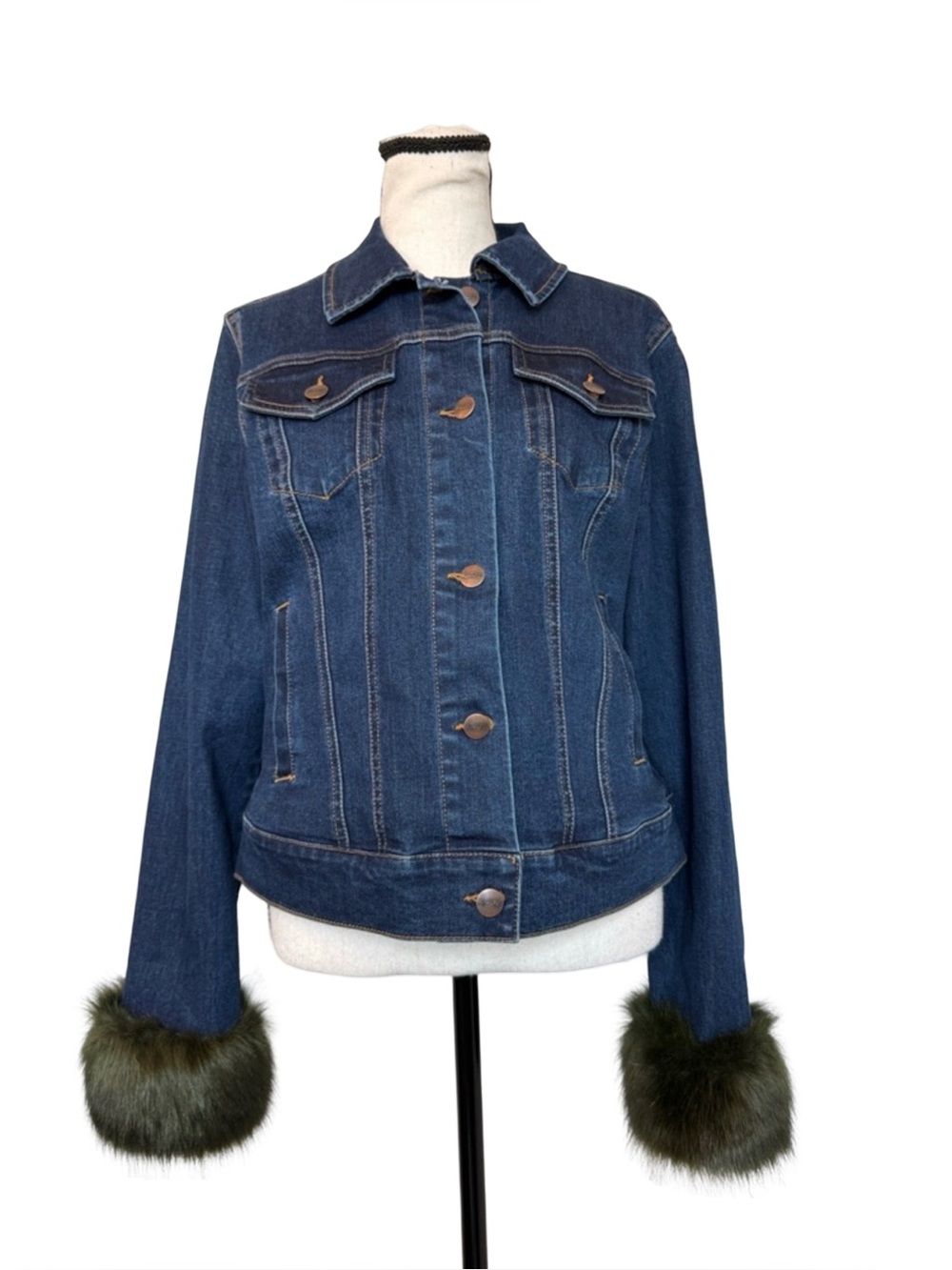 Nanette Lepore Denim Jacket S Removable Faux Fur Cuffs Y2K Mob Wife Dark Wash